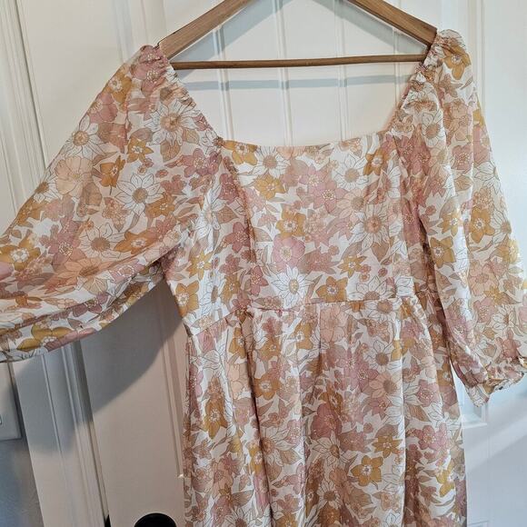 Floral Neutral Dress Womens Size XL Beige Babydoll Puff Sleeve Boho Y2K Peasant - Picture 3 of 10